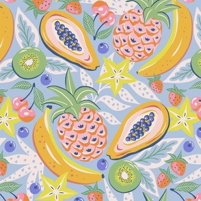 tropical fruit party/multi on blue/large