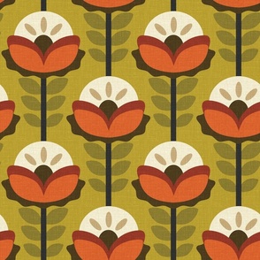 Lychee Flowers Olive Green Orange Textured