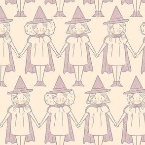 Small Hand drawn Little witches Seasonal Halloween Pattern in Peach and Lilac Violet