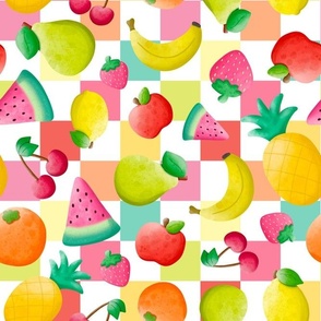 Large Scale Tropical Fruit Salad on Colorful Pastel Checkers