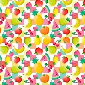 Small Scale Tropical Fruit Salad on Colorful Pastel Checkers