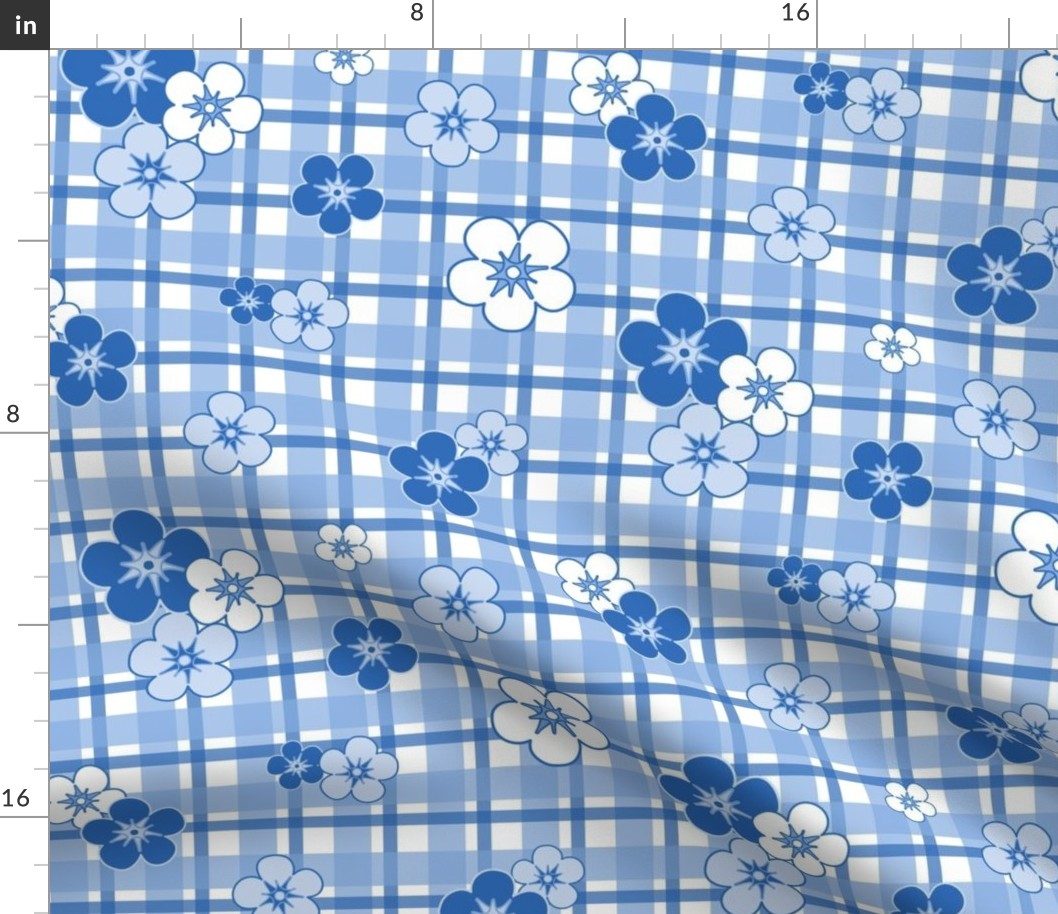 M - Blue Floral Gingham  – Vintage French Country Check