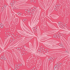 lychee fruit tropical summer block print in bright magenta and light pink