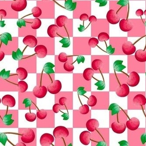 Medium Scale Red Cherries on Pink and White Checkers