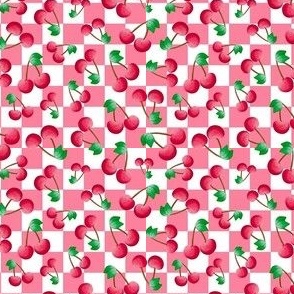 Small Scale Red Cherries on Pink and White Checkers