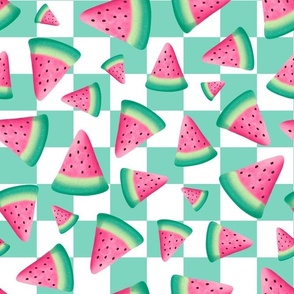 Large Scale Watermelon Slices on Pastel Mint and White Checkers