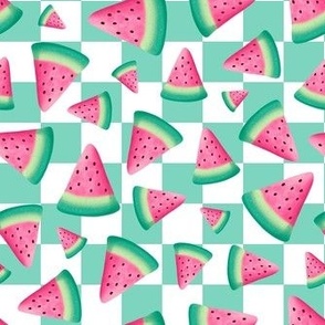 Medium Scale Watermelon Slices on Pastel Mint and White Checkers