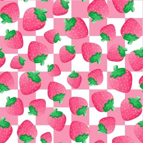 Large Scale Strawberries on Pink and White Checkers