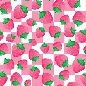 Medium Scale Strawberries on Pink and White Checkers