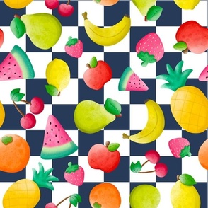 Large Scale Tropical Fruits on Navy and White Checker