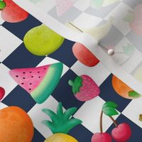 Medium Scale Tropical Fruits on Navy and White Checker