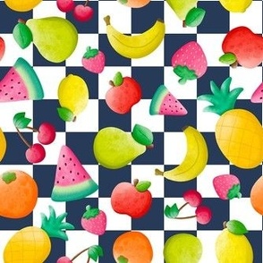 Medium Scale Tropical Fruits on Navy and White Checker