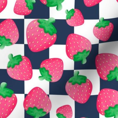 Large Scale Red and Pink Strawberries on Navy and White Checker