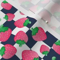 Medium Scale Red and Pink Strawberries on Navy and White Checker