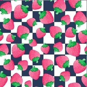 Medium Scale Red and Pink Strawberries on Navy and White Checker