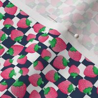 Small Scale Red and Pink Strawberries on Navy and White Checker