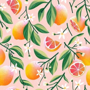 Sunny grapefruits summer pattern, large scale