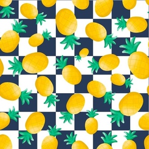 Large Scale Golden Yellow Pineapples on Navy and White Checker