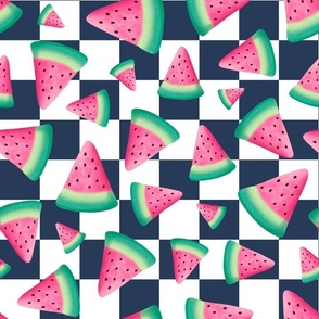 Large Scale Pink Watermelon on Navy and White Checker