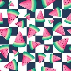 Medium Scale Pink Watermelon on Navy and White Checker