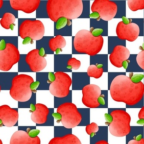 Large Scale Red Apples on Navy and White Checker