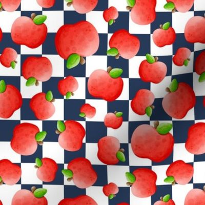 Medium Scale Red Apples on Navy and White Checker