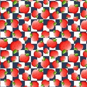 Small Scale Red Apples on Navy and White Checker