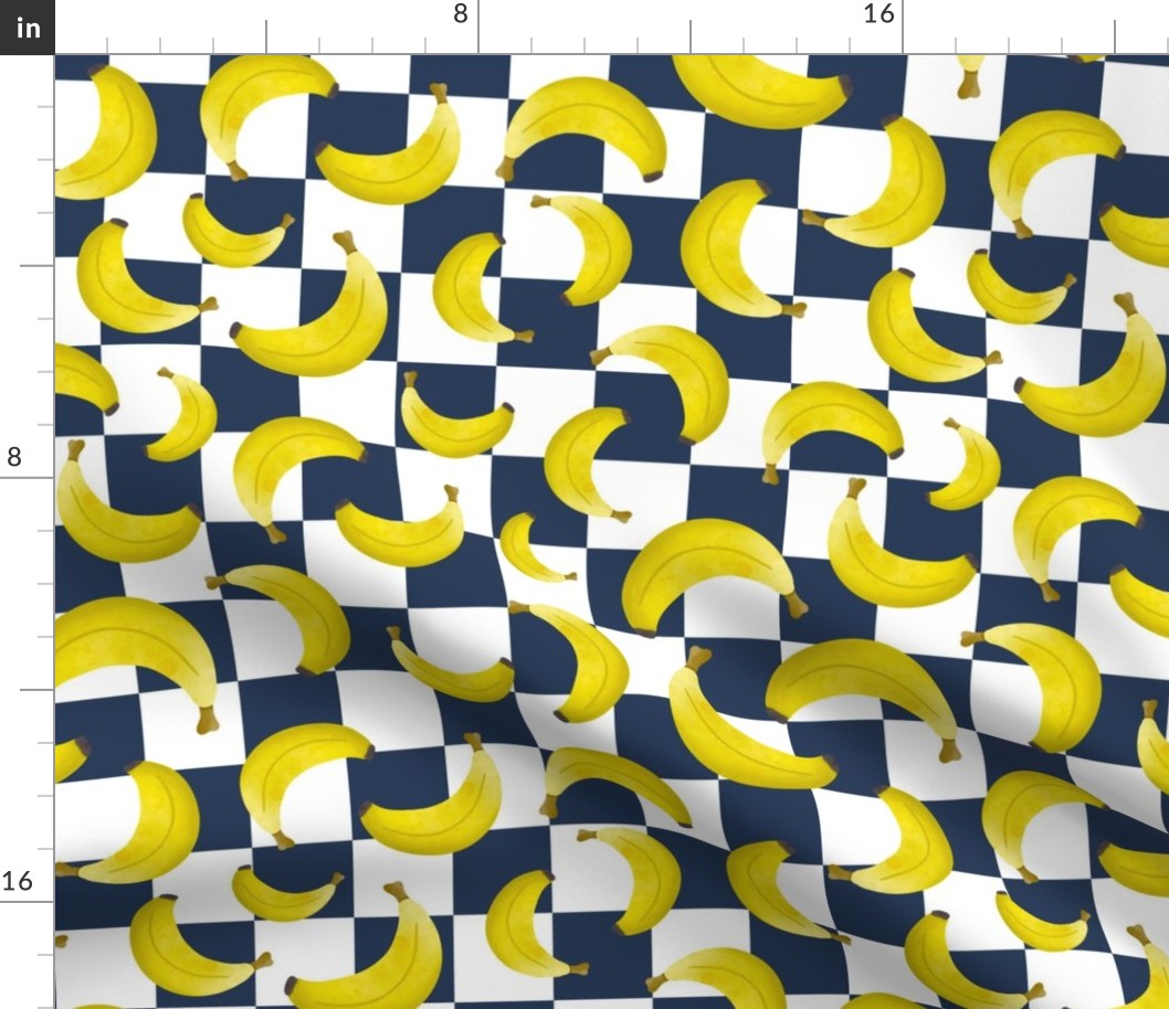 Large Scale Yellow Bananas on Navy and White Checker