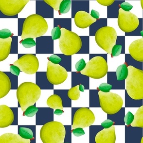 Large Scale Green Pears on Navy and White Checker