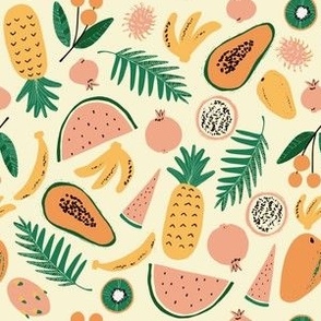 Small - Hand-drawn Tropical Fruits - Watermelon Papaya Bananas Pineapples Pomegranates - Dragon Fruit