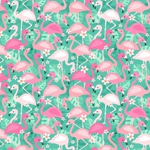 Flamingo flowers and monstera leaves - tropical summer animals and jungle leaves pink blush on teal green SMALL 