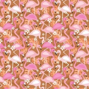 Flamingo flowers and monstera leaves - tropical summer animals and jungle leaves pink blush on burnt orange caramel SMALL