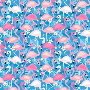 Flamingo flowers and monstera leaves - tropical summer animals and jungle leaves pink blush on eclectic blue SMALL