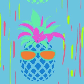 Funny Pineapples with glasses on  bright turquoise background  - large scale