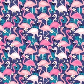 Flamingo flowers and monstera leaves - tropical summer animals and jungle leaves pink blush on blue navy night SMALL 