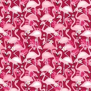 Flamingo flowers and monstera leaves - tropical summer animals and jungle leaves pink blush on burgundy SMALL