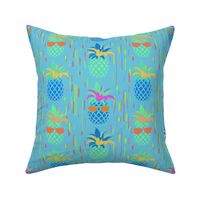 Funny Pineapples with glasses on  bright turquoise background  - small scale