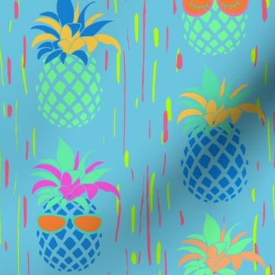 Funny Pineapples with glasses on  bright turquoise background  - small scale
