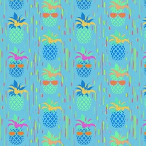 Funny Pineapples with glasses on  bright turquoise background  - small scale