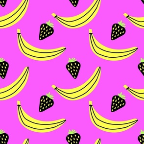 Banana and strawberry on bright pink background