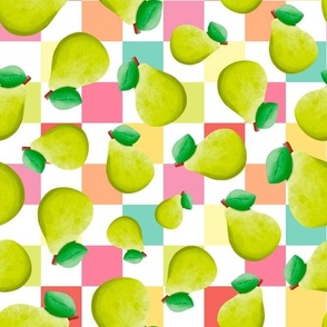 Large Scale Green Pears on  Colorful Pastel Checkboard
