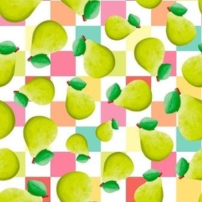 Medium Scale Green Pears on  Colorful Pastel Checkboard