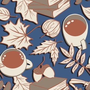Coffee Books & Fall Leaves in Brown & Blue