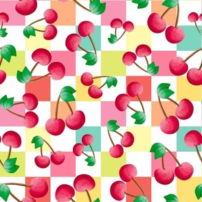 Large Scale Red Cherries on  Colorful Pastel Checkers