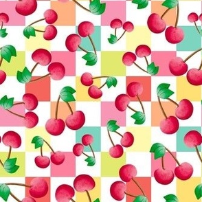 Medium Scale Red Cherries on  Colorful Pastel Checkers