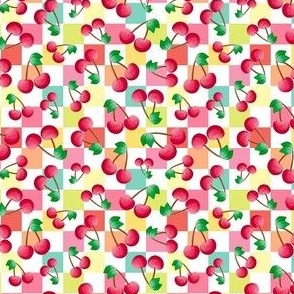 Small Scale Red Cherries on  Colorful Pastel Checkers