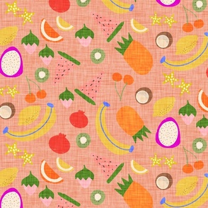 Tropical Fruits Picnic Pink//Dragon Fruit//Star Fruit//Coconut//Banana