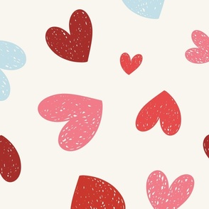 Heartfelt Doodles: Pink Blue And Red On Cream Valentine's Day Scribble Hearts Pattern Jumbo