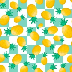 Large Scale Golden Yellow Pineapples on Mint and White Checkers