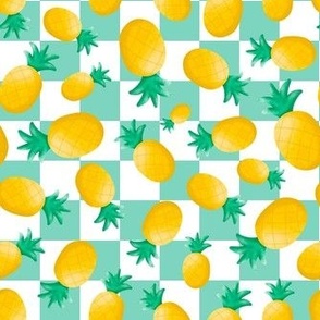 Medium Scale Golden Yellow Pineapples on Mint and White Checkers